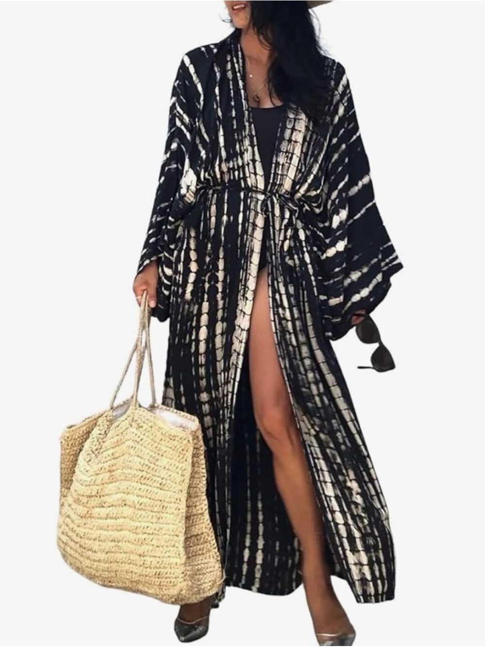 Black & Cream Tie-Dye Maxi Kimono Cover-Up